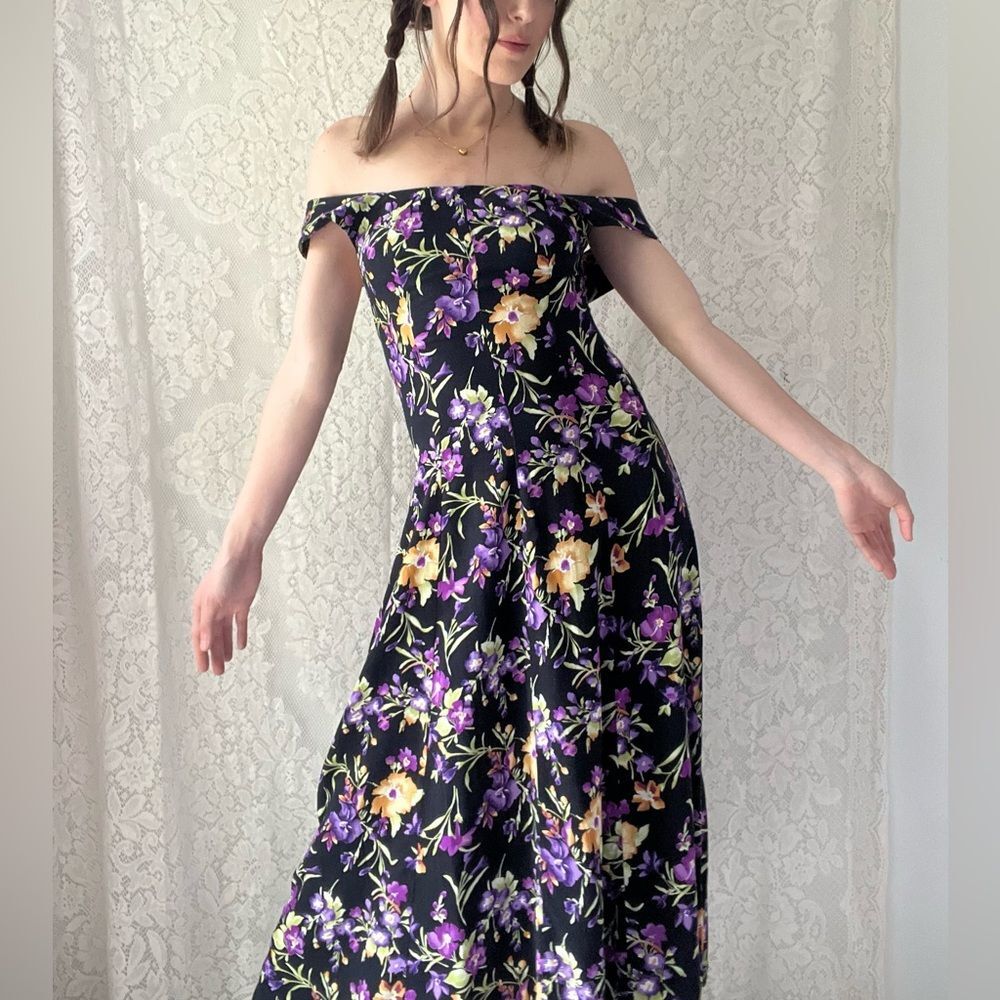 Vintage 80s All That Jazz Black Floral Midi Dress Crisscross Back Size 7/8 - Picture 15 of 16